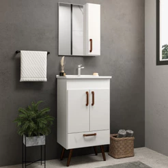 Conjunto Banheiro Gabinete Com Pés 50cm Lavatório e Armário Allegra B06 Branco - Lyam Decor