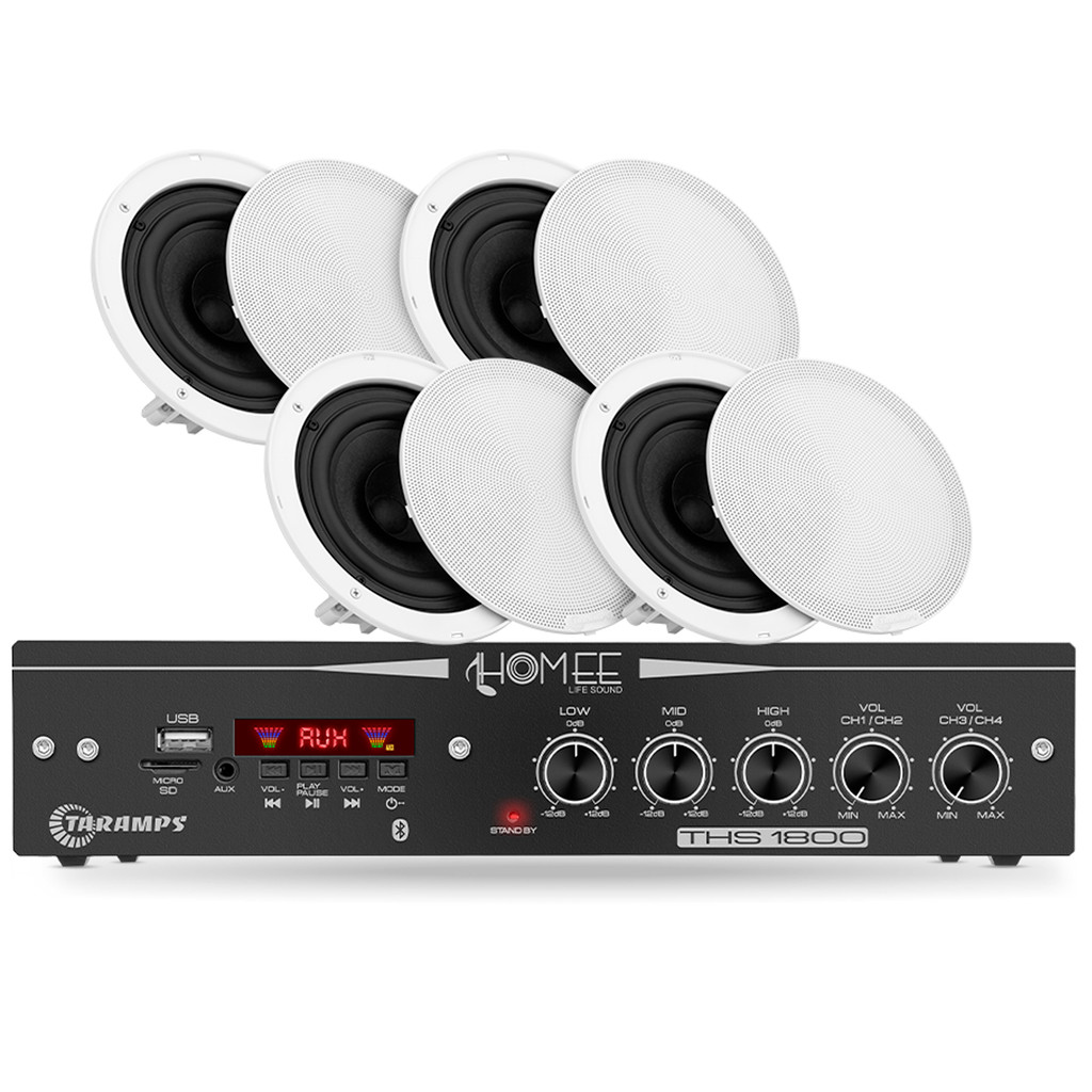 Kit Amplificador Som Ambiente 80 Watts 4 canais THS 1800 + 4 Arandelas 6" 40w 4 Ohms Áudio Taramps
