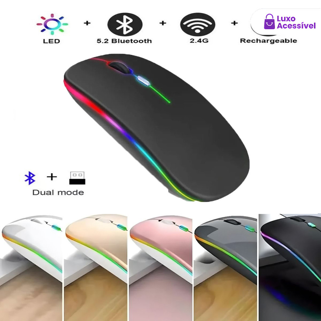 Mouse Sem Fio Recarregável Led RGB Ergonômico Silencioso Bateria Longa Duração