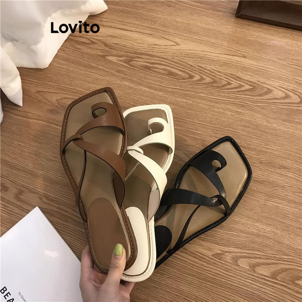 Lovito Sandálias Planas Lisas Assimétricas Estilo Romano Sandália Plana Para Mulheres LFA46107 - Women Shoes