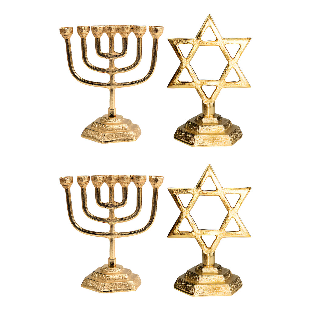 Kit 2 Candelabro Menorá 10cm + 2 Estrela De Davi 10cm Metal Dourado