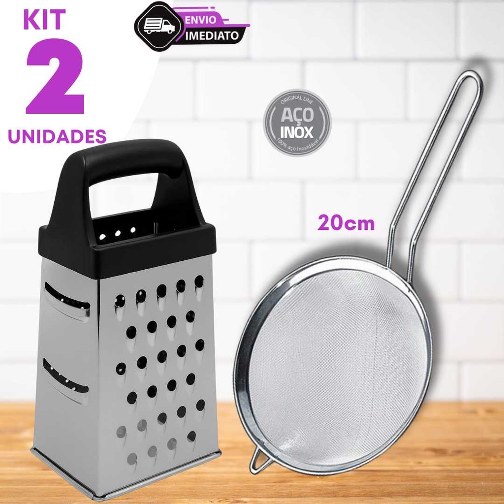 Jogo 1 Ralador 4 Faces Inox 18cm e 1 Peneira Inox 20cm Lanchonete Casa Queijo Cozinha Doméstica Suco