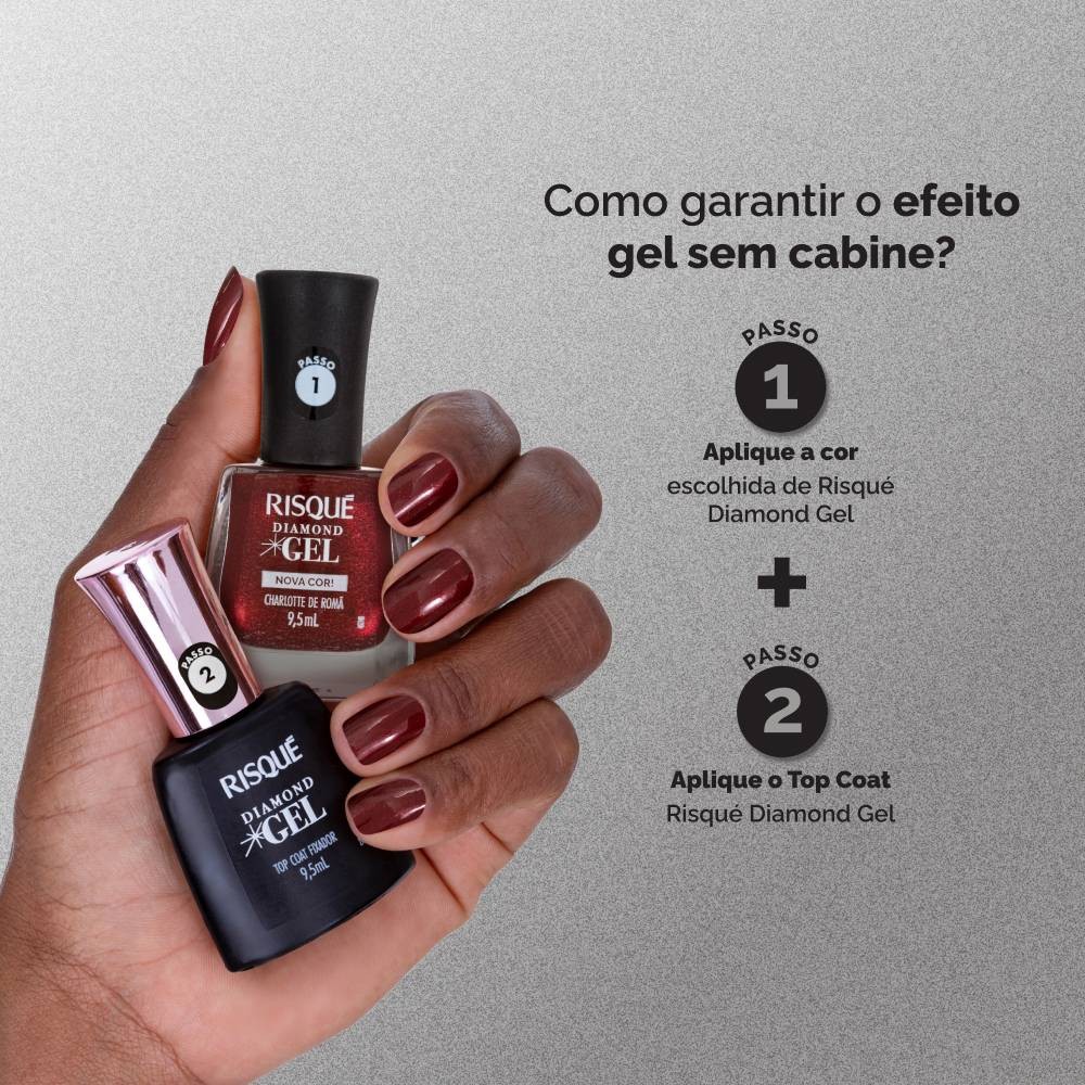 Detalhes do Esmalte Vermelho Risqué Diamond Gel Charlotte De Romã Metálico 9,5 ml