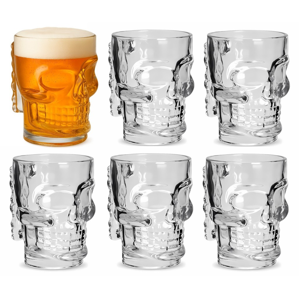 6 Canecas De Chopp 370ml Cerveja Caveira De Vidro Transparente - Mimo Style