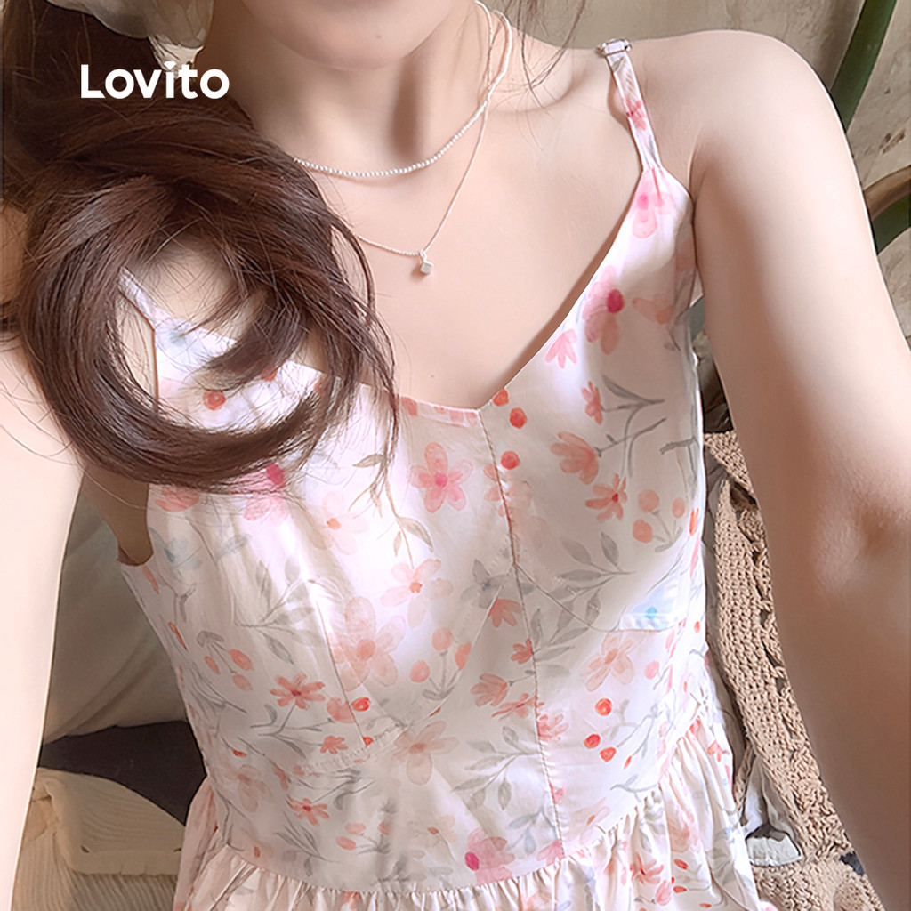Detalhes do Lovito Vestido Feminino Floral Casual Primavera Verão para Uso Diário L144AD206