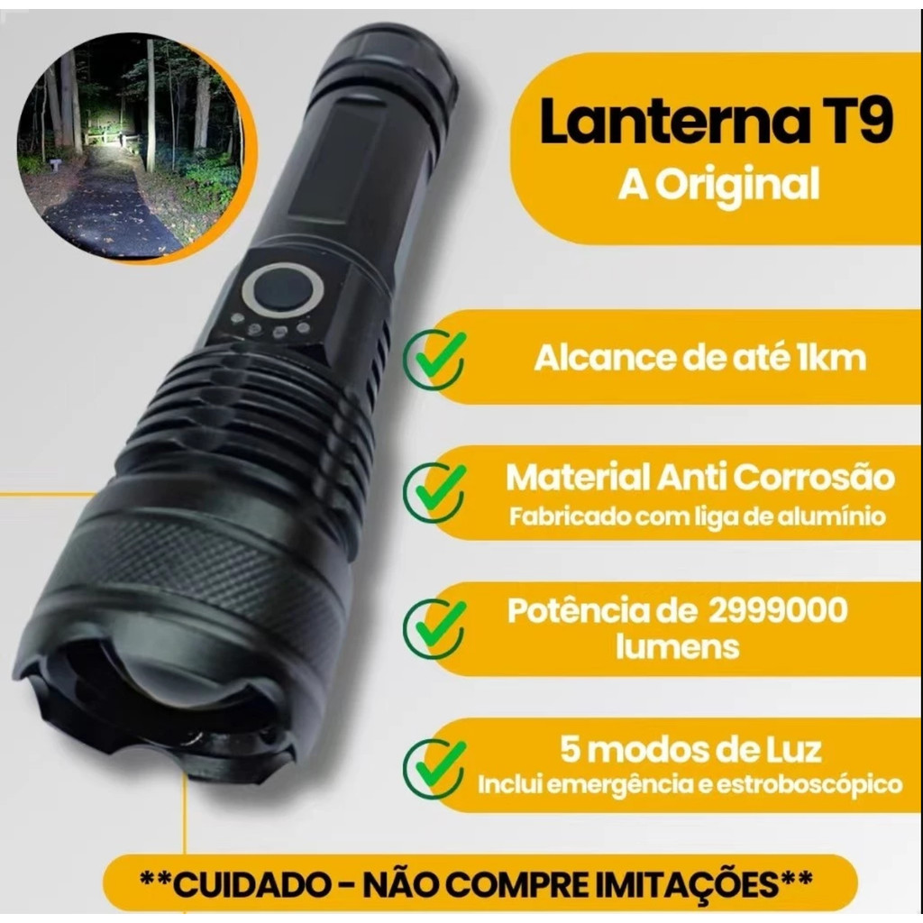 Lanterna Super Potente T9 P50 Tática Mais Forte Do Mundo Potente Sitio Fazenda Acampamento Camping Segurança