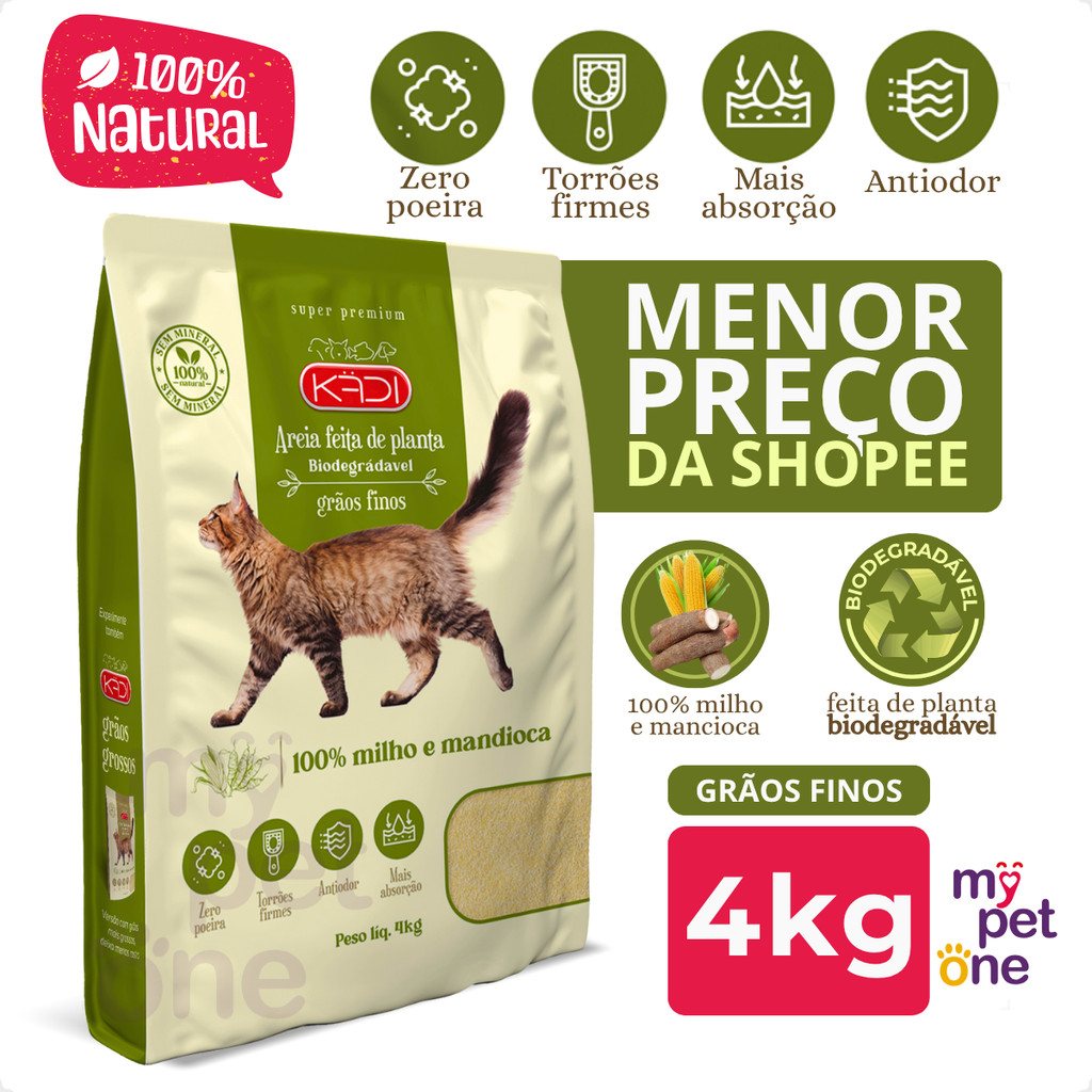 Areia 4Kg Biodegradável Kadi Grãos Finos para Gatos