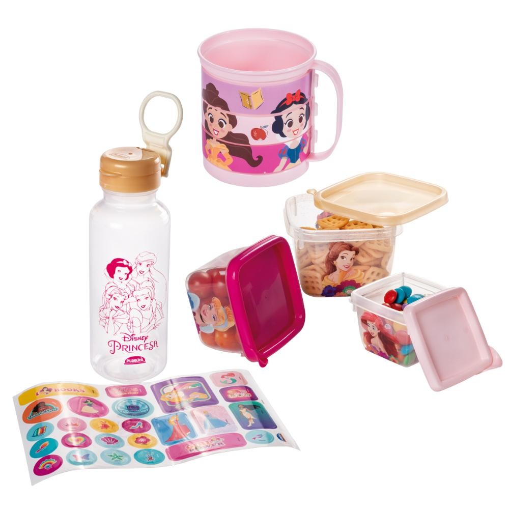 Kit 5 Peças Princesas 3 Potes 1 Garrafa Adesivo 1 Caneca Disney Plasútil em Oferta na Shopee