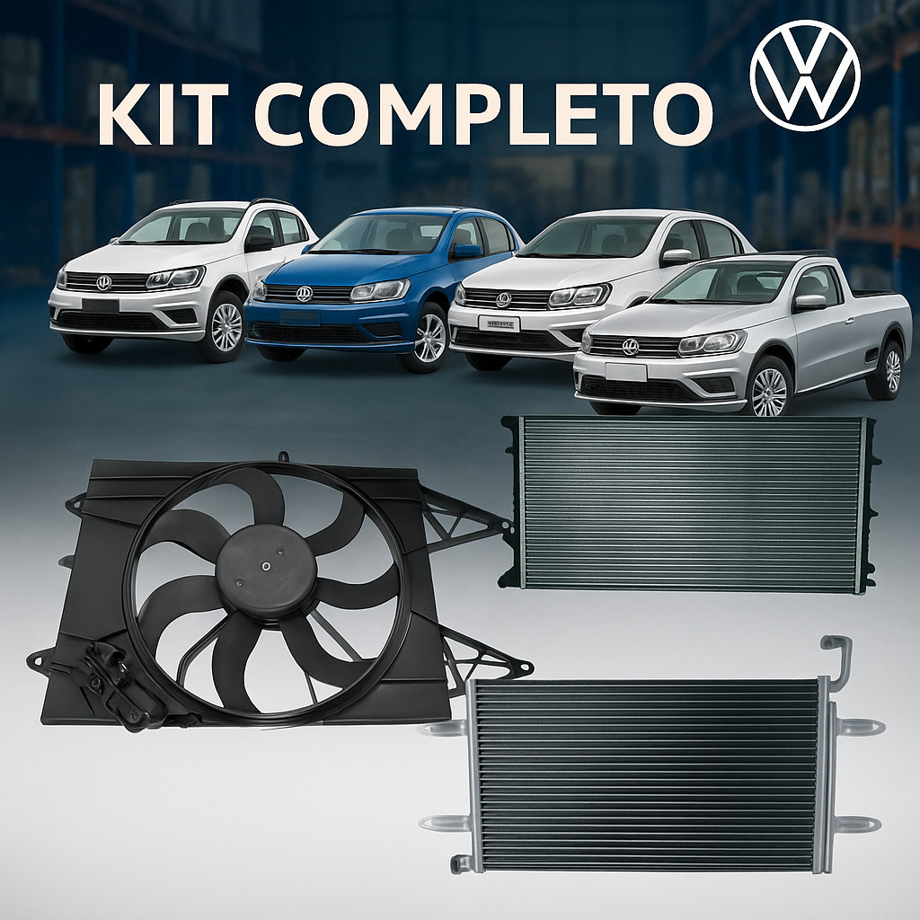 Kit Radiador Condensador Ventoinha Resistência VW Gol Voyage Saveiro Fox Polo G5G6 G7 G8 c/ Ar Cond.