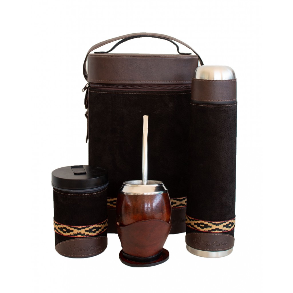Kit chimarrão mateira de couro marrom, garrafa térmica 0,95L, cuia coquinho, bomba inox e porta erva