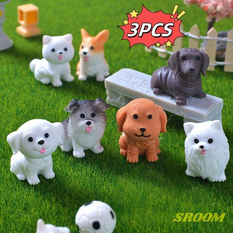 3 peças miniaturas de estatuetas fofas simulação de cachorro pomerânia micro ornamentos de paisagem para decoração em Oferta na Shopee