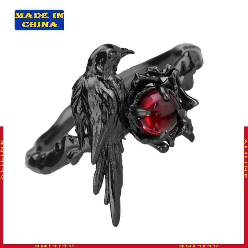 Anel Corvo Ajustável Elegante Pedras Preciosas Vermelhas Acessórios Góticos Exclusivos