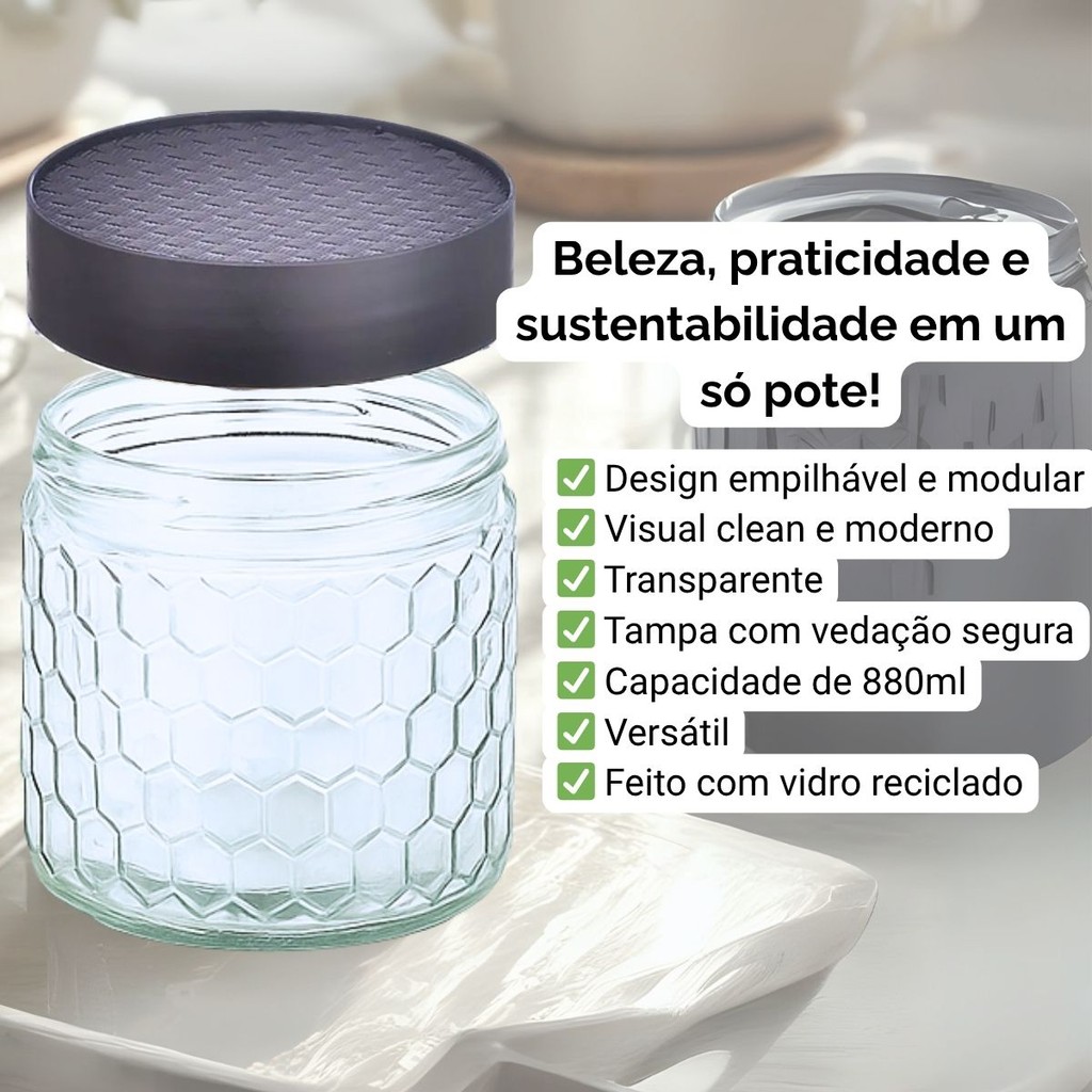 Kit 6 Potes Vidro Colmeia 880ml com Tampa Plastica Atacado — imagem 2 de 2