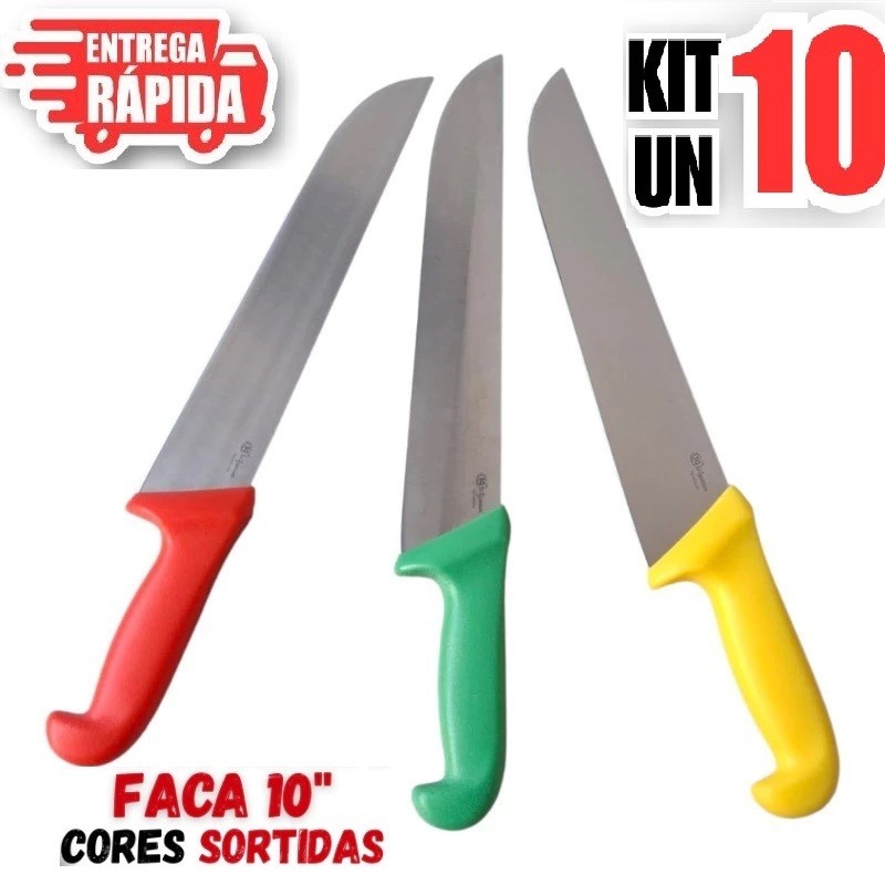 10 Unidades Faca 10" Cabo diversa cores Inox Açougueiro Profissional Churrasqueiro Açougue Cozinha