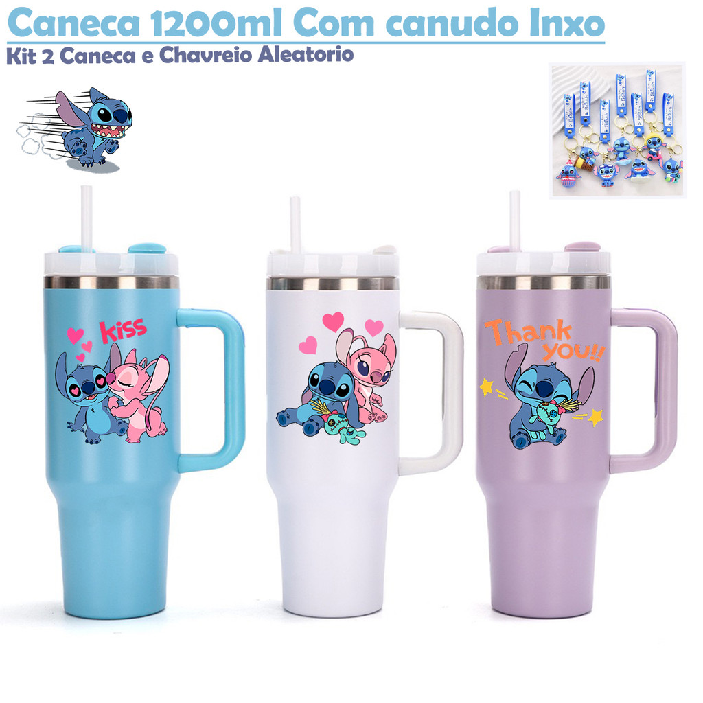 Caneca Stitch Térmica Inox 1200ML e chaveiro  com tampa e canudo Inxo