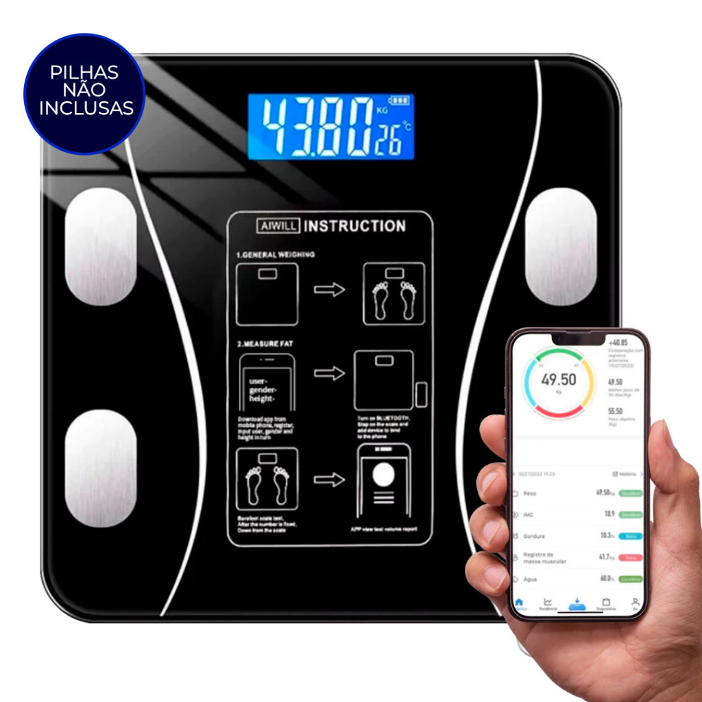 Balança Digital Medidora Corporal Bioimpedância até 180kg via Bluethooth em Oferta na Shopee