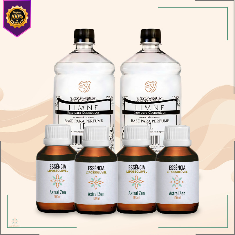 Kit 4 Essências Perfumaria Fina Masculina 100ml Vollmens Premium + 2 Litros Base Para Perfume Artesanal / Perfumaria
