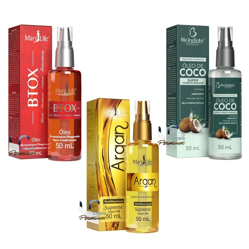 Kit 3x Óleo Supreme Argan + Óleo Btox + Óleo de Coco Mary Life 50ml