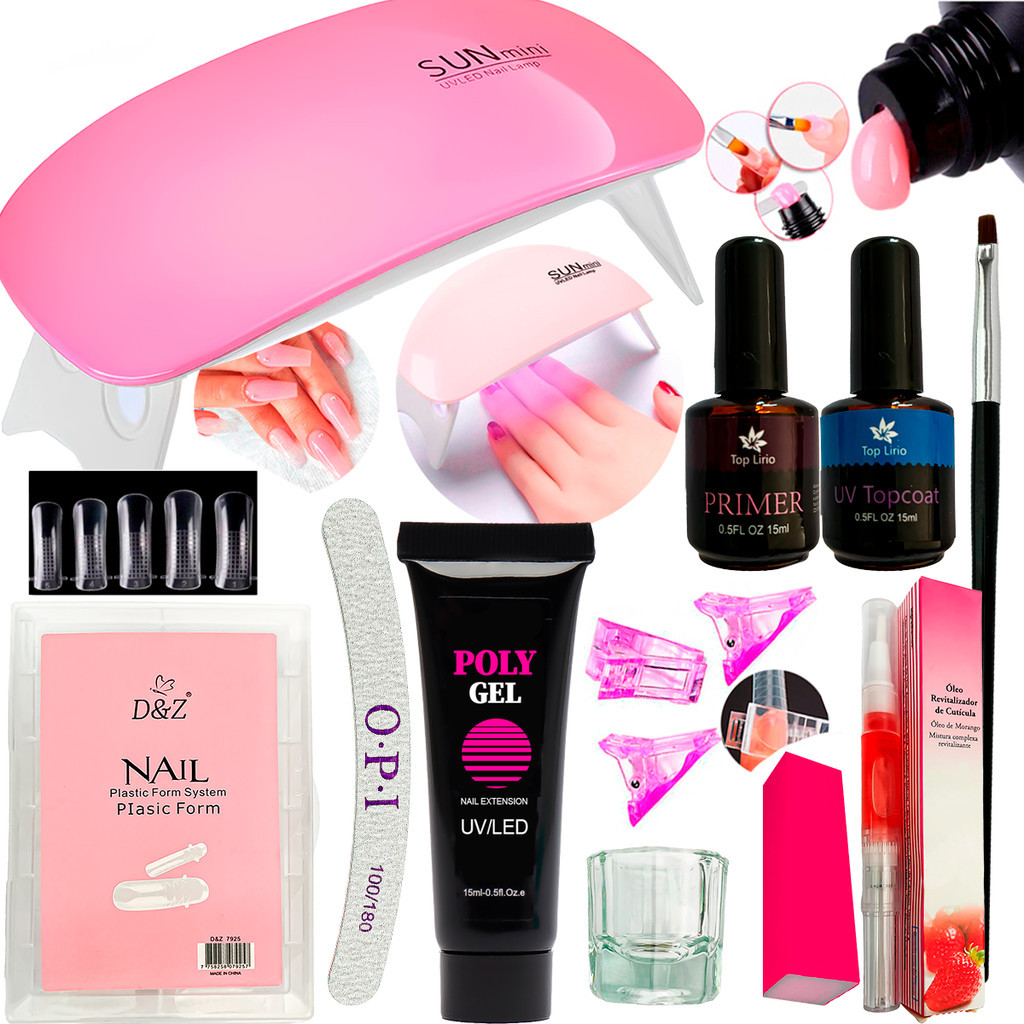 Kit Alongamento Poligel Polygel + Molde F1 Mini Cabine Poly Gel Caneta hidratante Lixa Bloco Gel Manicure Acrygel Preparadores Presilhas Acrílicas