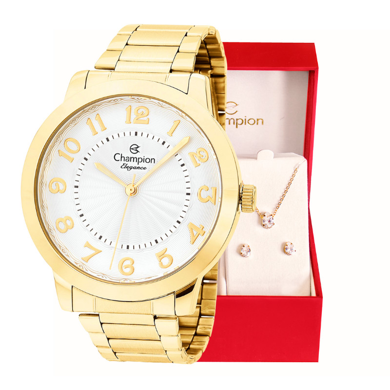 Relógio Feminino Dourado Champion Elegance Estilo Mulher  Prova D Agua + Colar e Brincos CN25118W em Oferta na Shopee