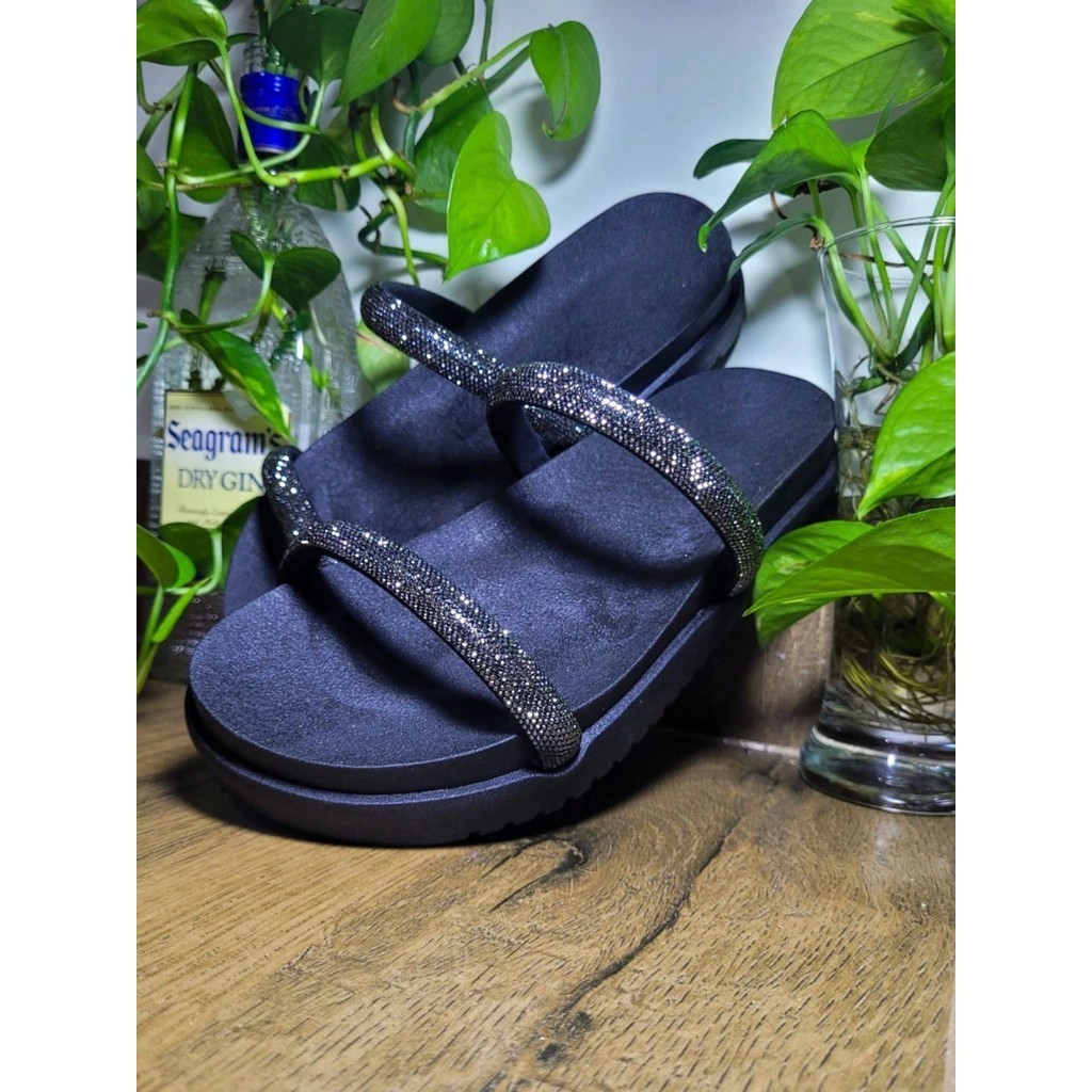 Sandália Feminina Papete Alta Brilho Strass Rasteira feminina Confortável leve macia Papete Birken Sandália 2 Tiras de Brilho Strass Chinelo Feminino Moda Tendência Blogueiras.
