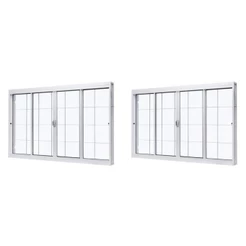 Kit com 2 Janelas de Aço de Correr Central 100x120cm 4 Folhas com Grade Quadriculada e Vidro Liso
