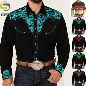 Bordado Retro Masculino Estilo Ocidental Casual Botão Para Cima Camisa De Manga Comprida