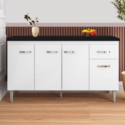 Balcão De Cozinha Gabriela Branco Flex Com Tampo 150 Cm Preto Fosco - AJL