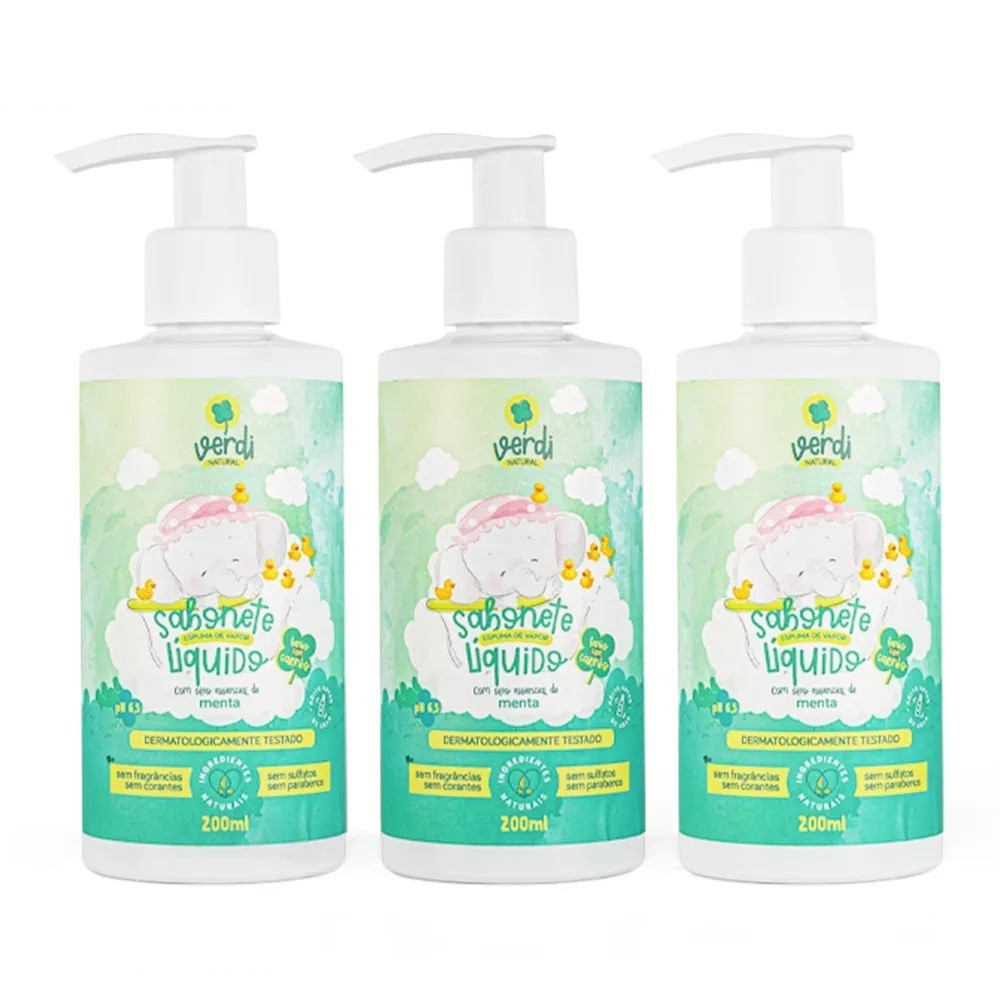 Kit 3 Sabonetes Líquido e Shampoo Espuma de Vapor com Óleo Essencial de Menta - Verdi Natural