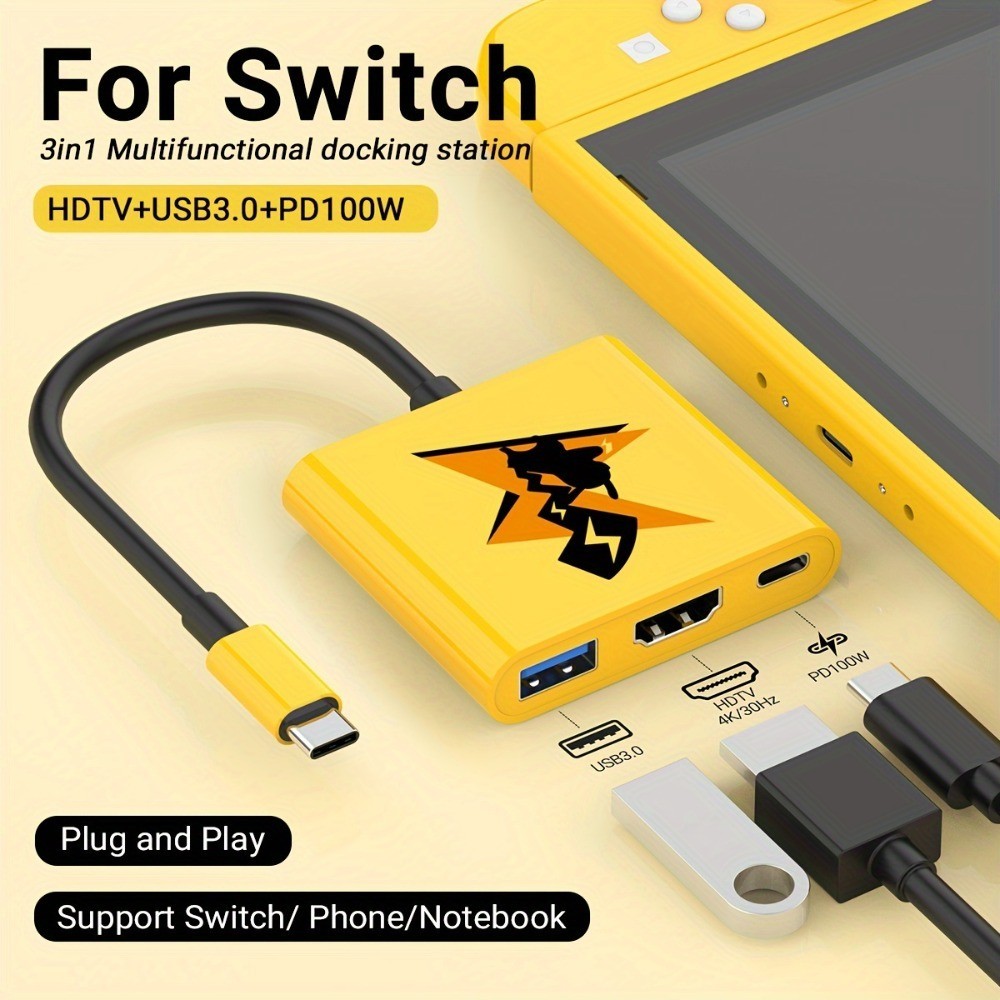 Para Nintendo Switch Pokemon Pikachu TV Dock Station , 3 Em 1 Hub Adaptador Portátil Tipo C A 4K HDTV Com Carregamento PD NS & Oled , Steam Deck , Rog Ally/X , Samsung