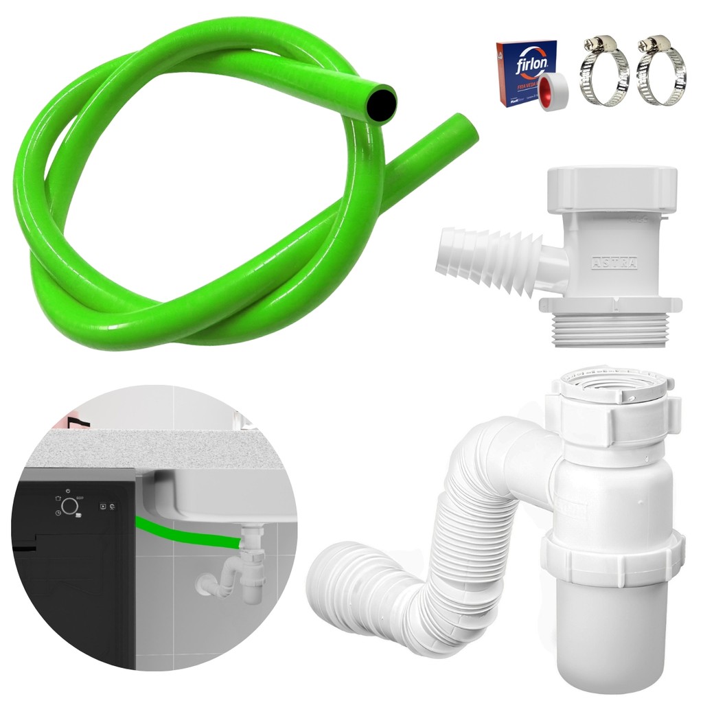 Adaptador p/ Máquina Lavar Louça c/ Mangueira, Sifão Copo Universal, Abraçadeira 1”e Fita Veda Rosca
