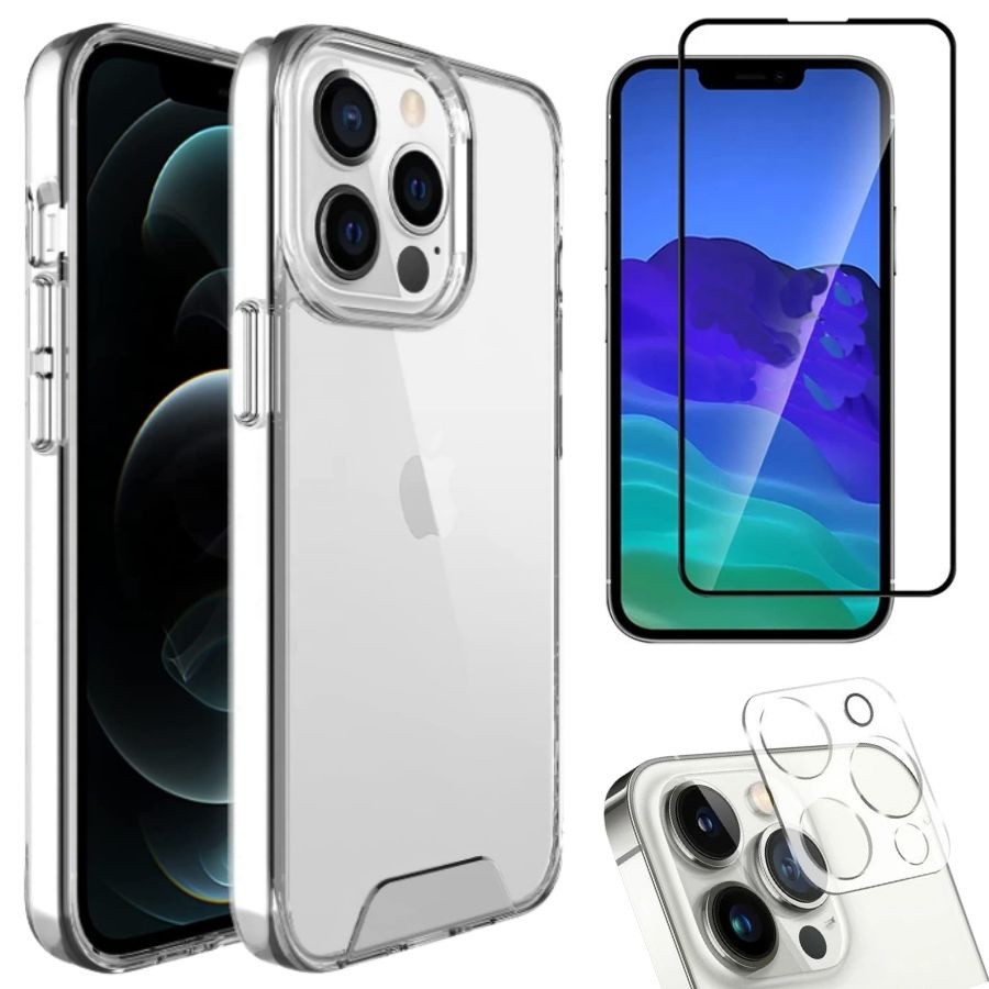 Kit 3em1 Compatível Com iPhone 14 / 14 Pro / 14 Plus / 14 Pro Max - Capa Clear Space + Película de Vidro 3D Full Cover + Película de Câmera