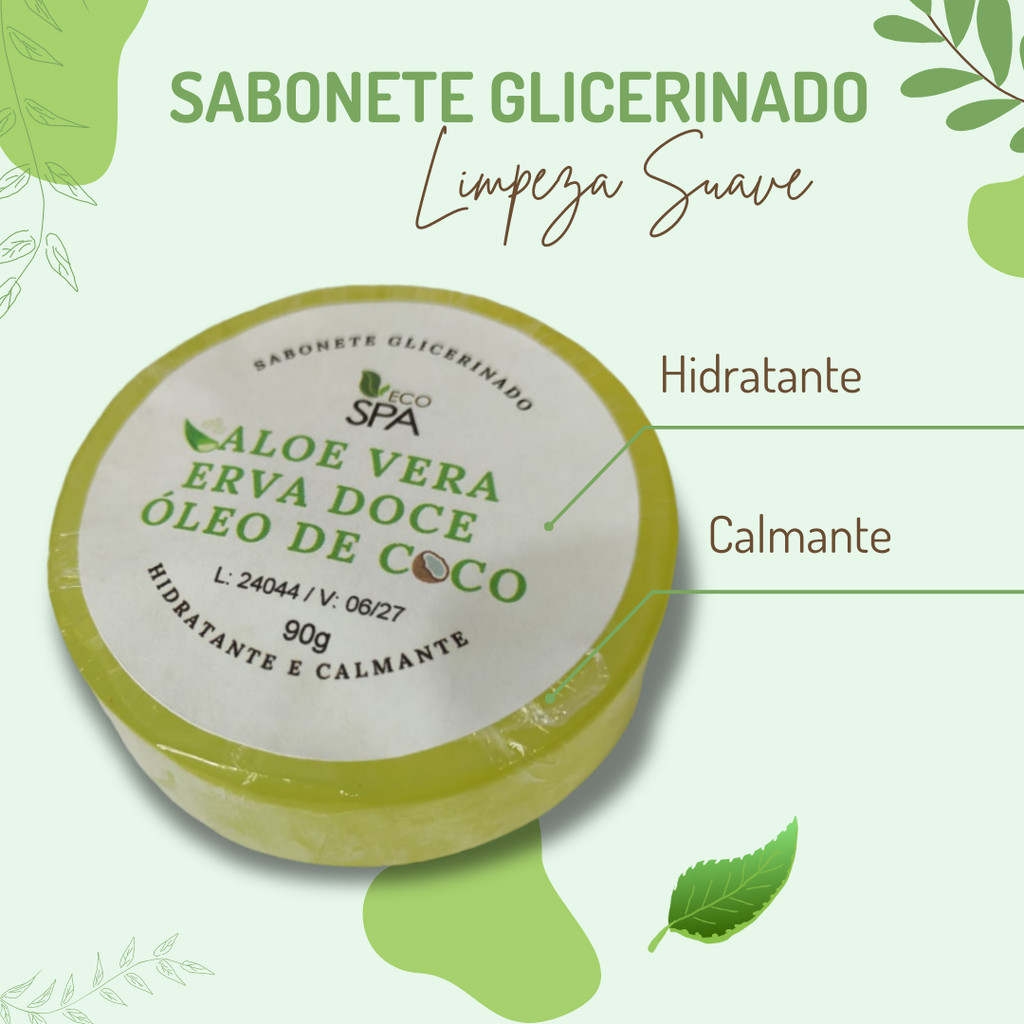 Sabonete Glicerinado de Aloe Vera, Oleo de Coco, Erva Doce, Hidratante, Pele Sensivel.