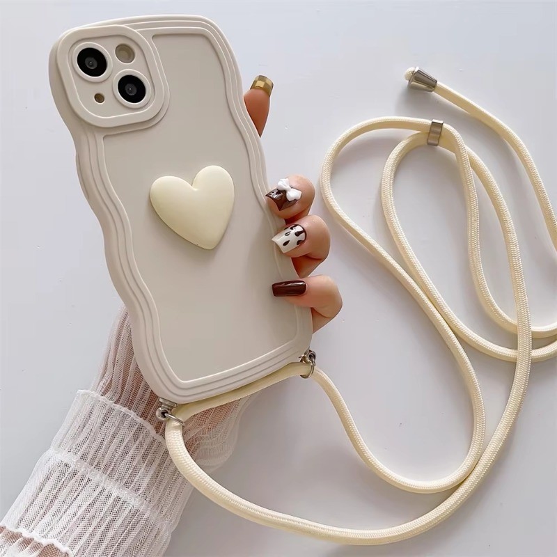 Cor Colar De Luxo Corpo Cruzado Lanyard 3D Love Heart Wave Border Capa Macia Para IPhone 15 14 Pro Max 13 12 11 Telefone em Oferta na Shopee