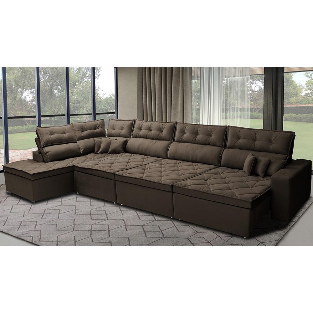 Sofá de Canto 4,80x2,36m Retrátil e Reclinável com Molas Cama inBox Platinum Esquerdo Suede Café em Oferta na Shopee