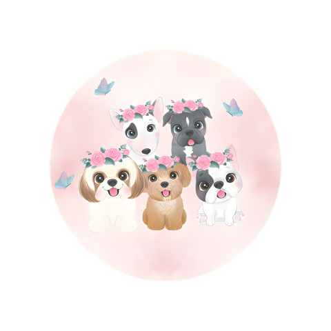 NOVO Painel Festa Infantil Redondo Pets Coroa Floral Rosa Borboletas + Arco, Suporte incluso. Fazemos personalizado com qualquer tema. Confeccionado em Lona fosca, impressão de alta resolução. cenário , p/ Decoração
