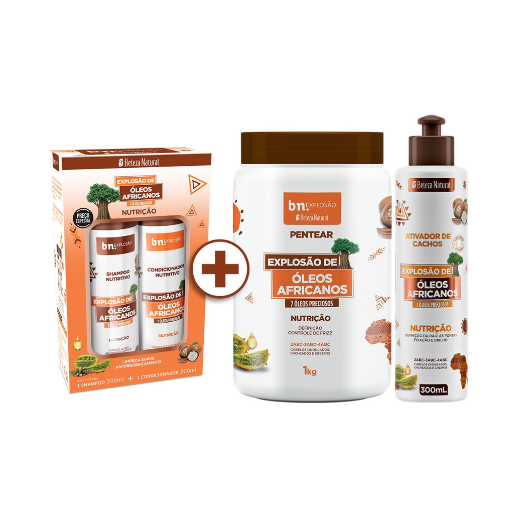 Kit Cachos Óleos Africanos Shampoo, Condicionador, Pentear e Ativador de Cachos bn.Cachos