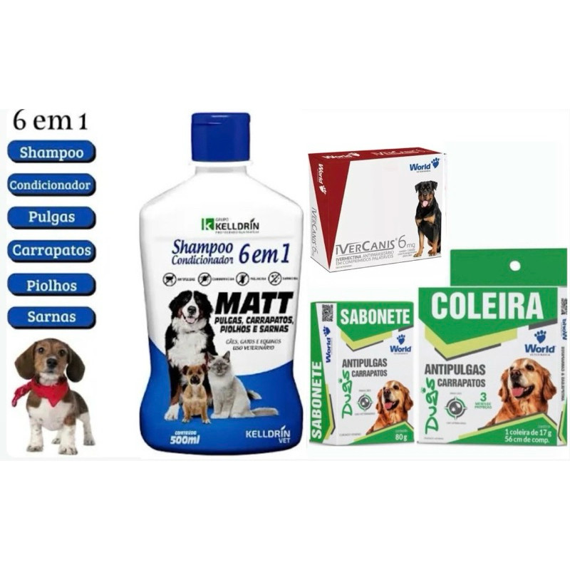 Kit Completo antiparasitários, 1 Shampoo Matt 500ml + Coleira 56cm e 1 sabonete 80g Dug´s + Ivercanis 6mg- adeus pulgas e carrapatos - envio imediato em Oferta na Shopee