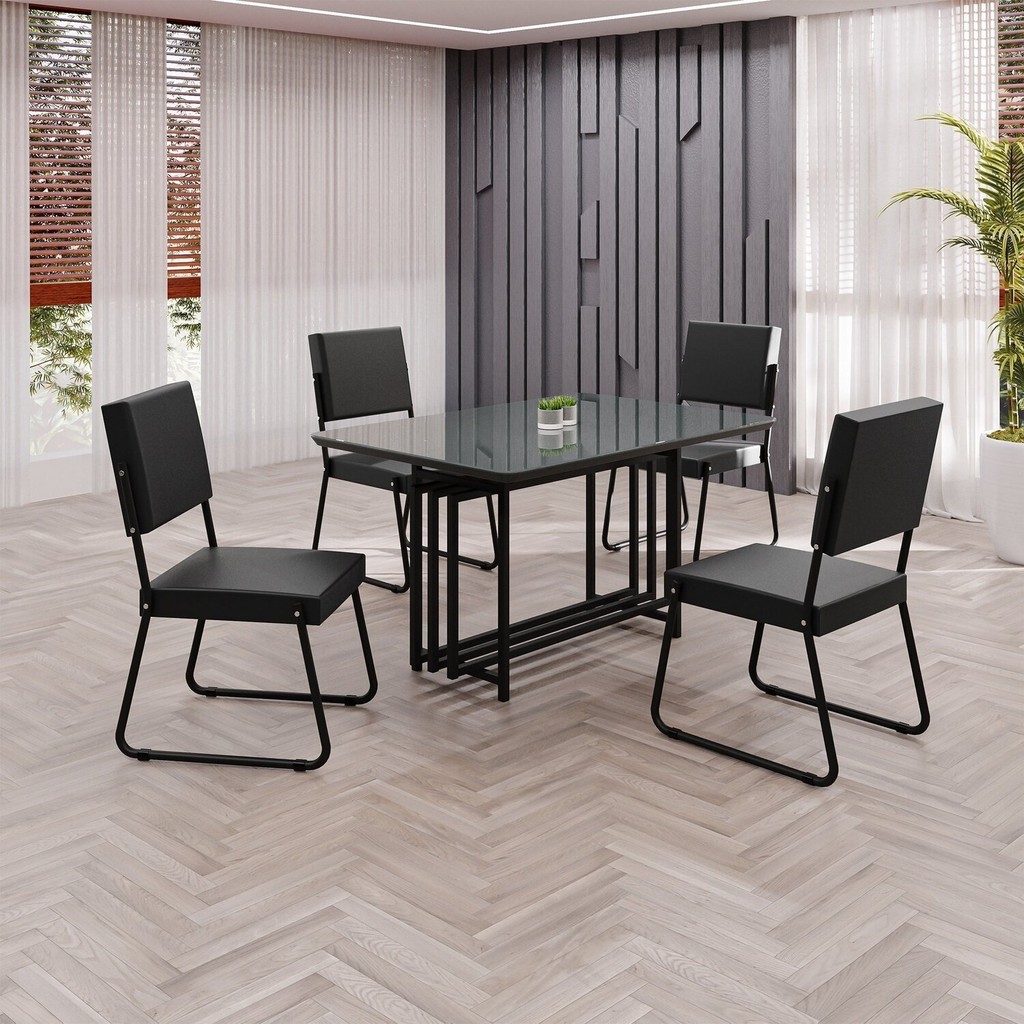Conjunto Sala de Jantar Mesa 120x90cm Base Pérola Tampo Mdf Laca com Vidro Napoli Preto em Oferta na Shopee