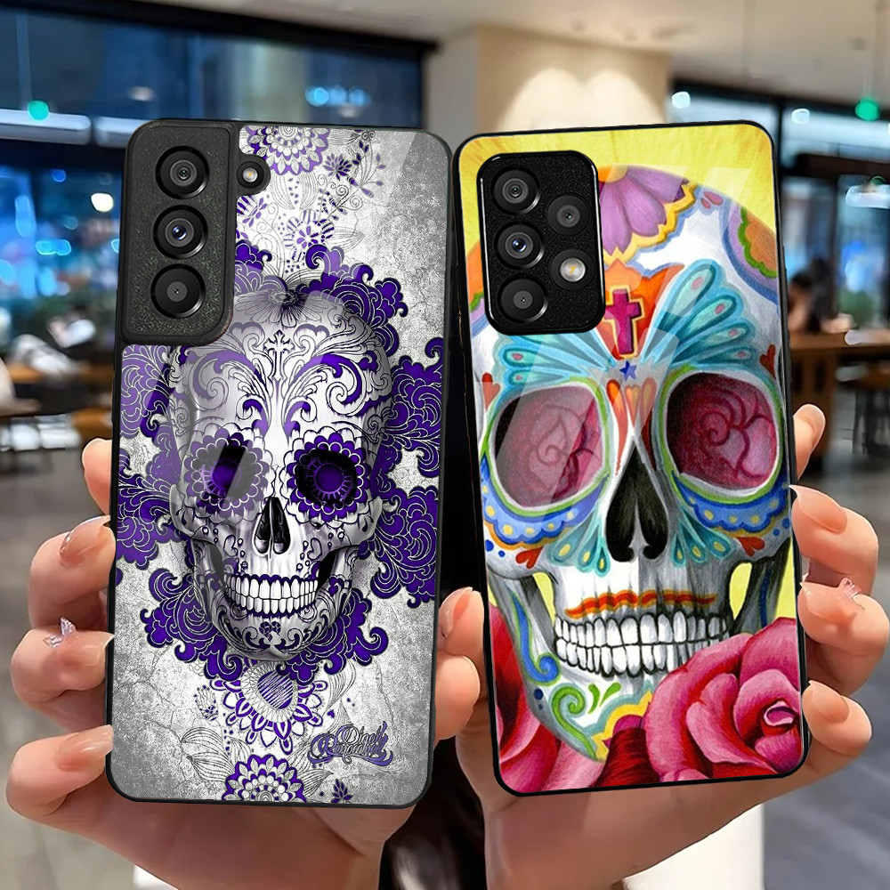 Capa De Telefone De Vidro Temperado Com Caveira De Açúcar Mexicana Para Samsung Galaxy S9 Plus S10 S10e S20 FE S20 S21 S