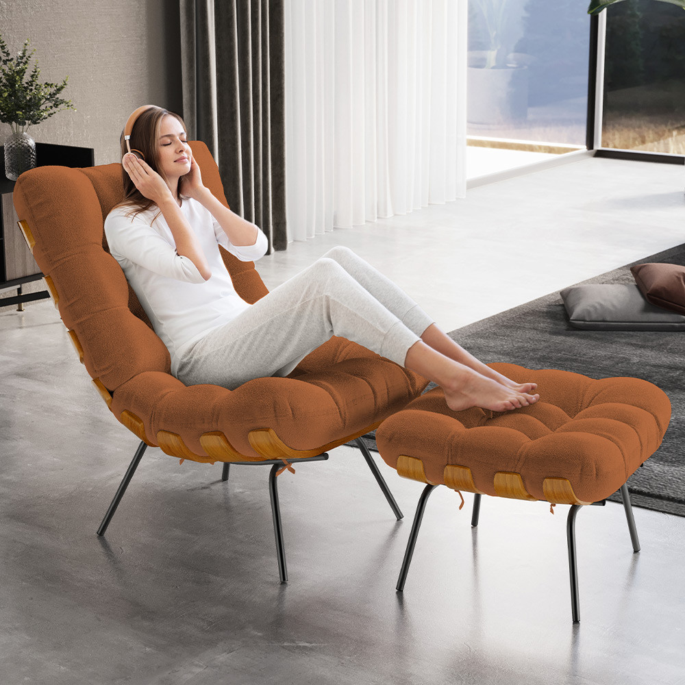 Poltrona Costela L02 com Puff Sala de Estar Bouclê Terracota - Lyam Decor