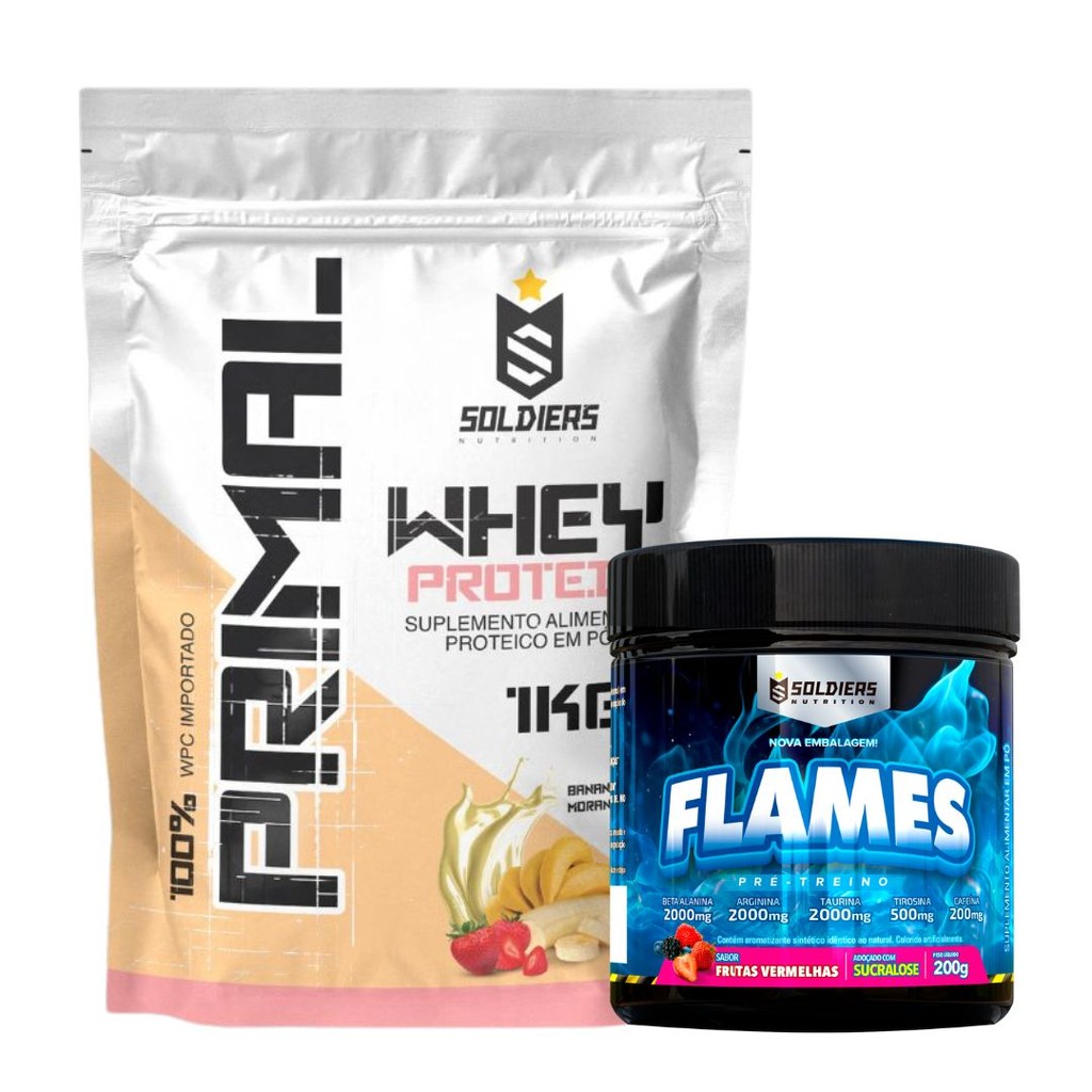 Kit: Whey Protein Primal 1kg + Pré Treino Flames 200g Soldiers Nutrition Proteína Muscular Suplemento em Oferta na Shopee
