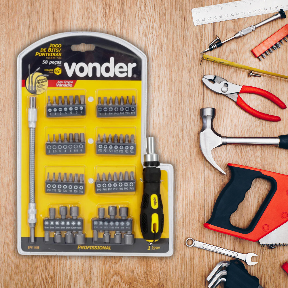 Jogo De Bits Ponteira Para Parafusar 58 Peças Encaixe Sextavado 1/4" Magnético Vonder Com Maleta Furadeira Resistente