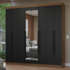 Guarda-Roupa Casal 8 Portas Batentes com Espelho Rustic/Preto/Preto Netuno Madesa