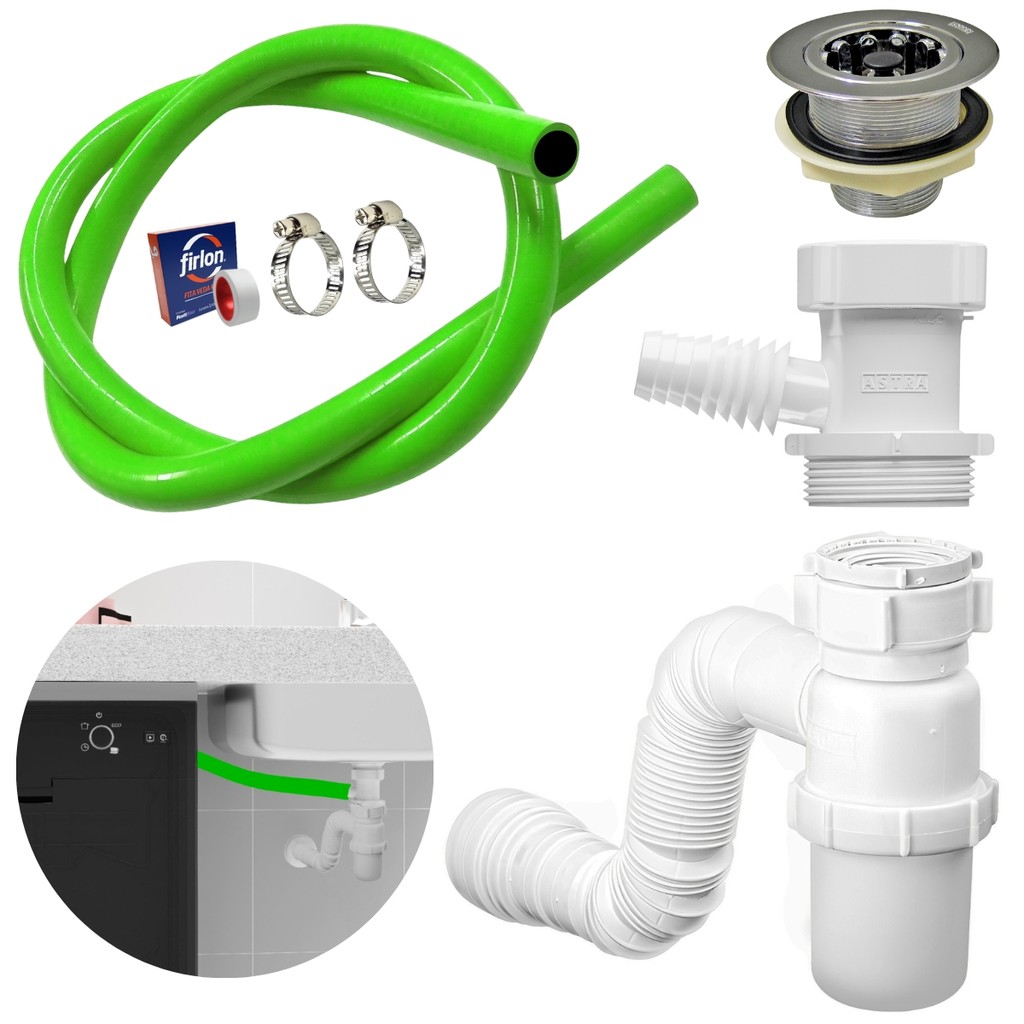 Kit Adaptador Para Máquina de Lavar Louça com Mangueira Válvula Americana e Sifão Copo Universal Abraçadeira 1"