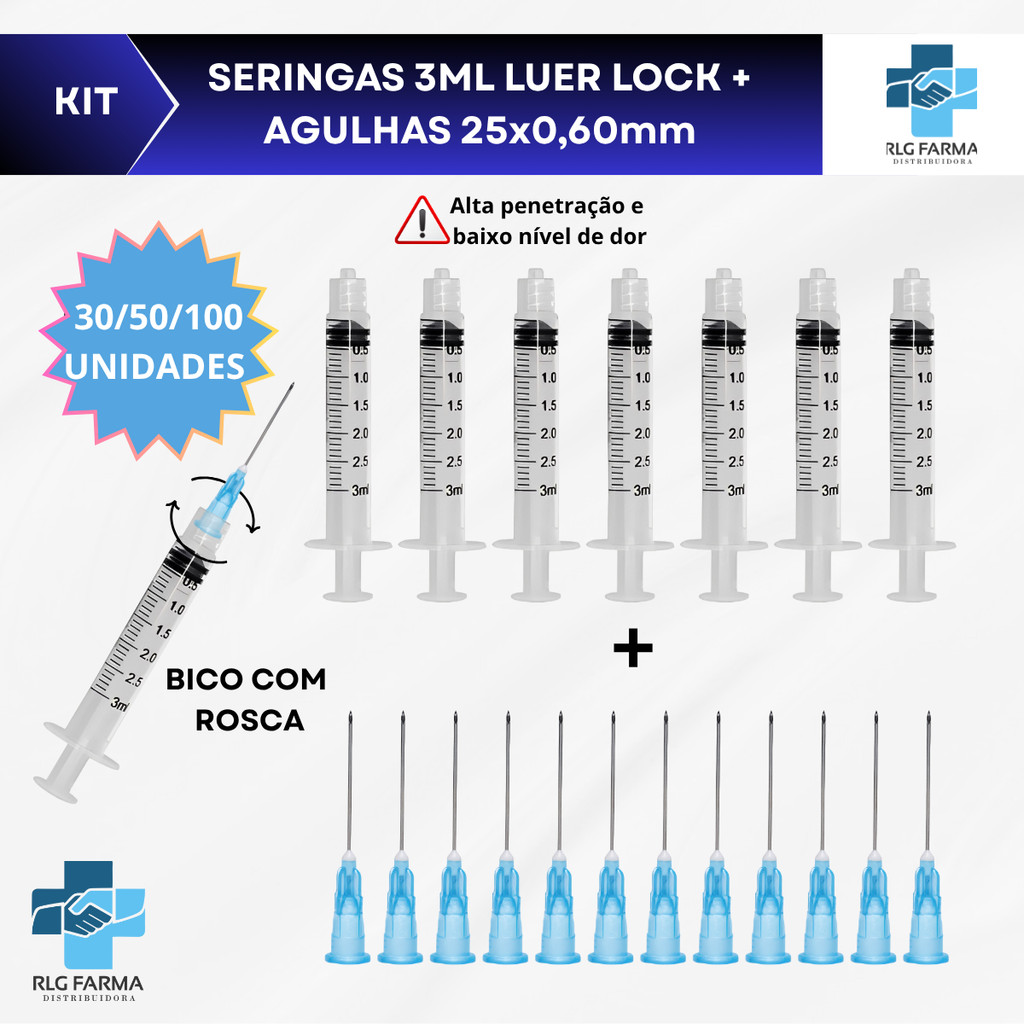 Kit Seringa 3ml com Rosca Luer Lock Estéril + Agulha 25x0,60mm – 100 Unid Cada