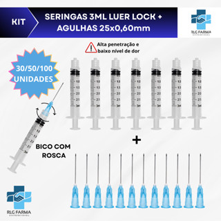 Kit Seringa 3ml com Rosca Luer Lock Estéril + Agulha 25x0,60mm – 100 Unid Cada em Oferta na Shopee