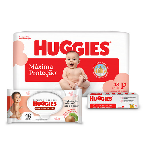Kit 3 Itens Huggies -  Lenço Hidratação, Creme e Fralda Máxima Proteção P 48 em Oferta na Shopee