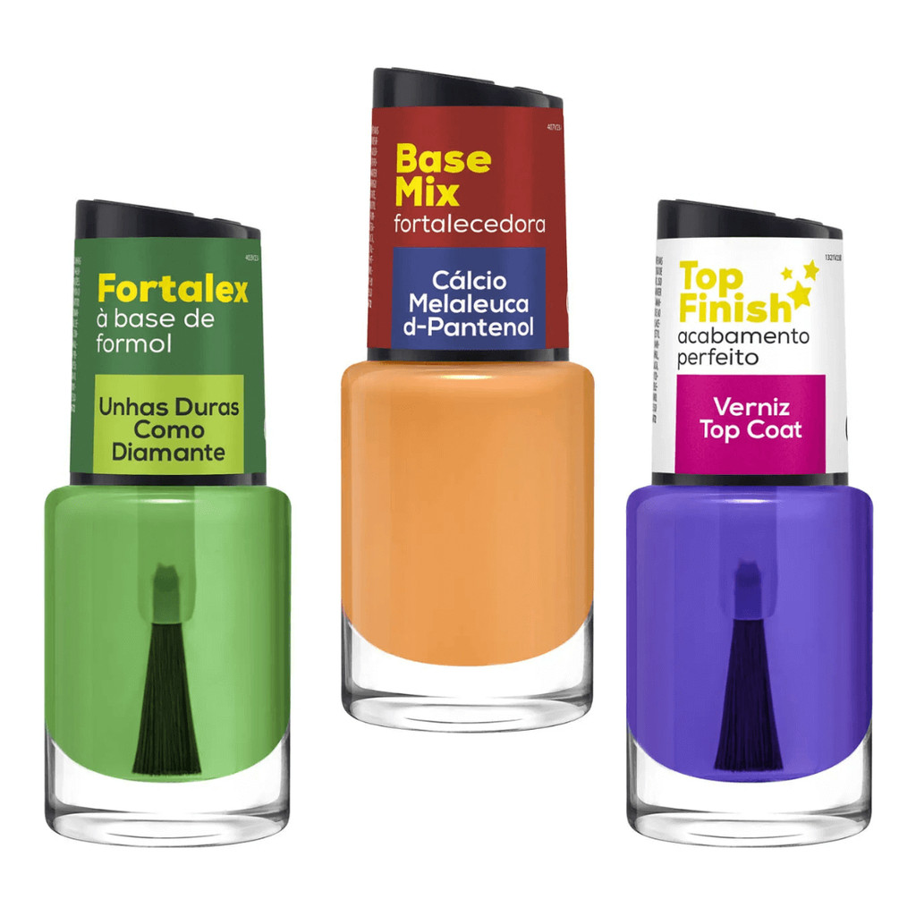 Kit C/3 Bases Tratamento Unha: Cora Base Mix + Top Finish Verniz+ Fortalex