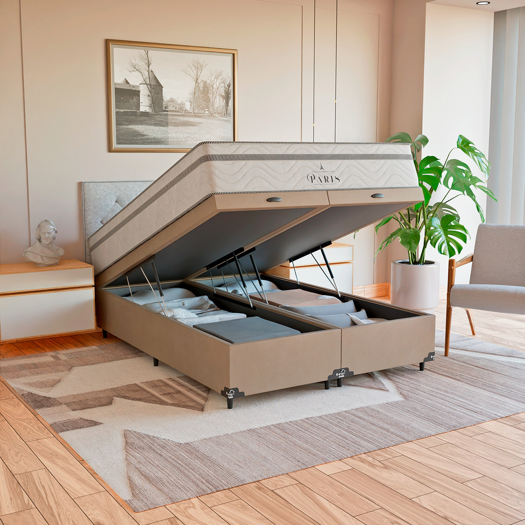 Cama Box Baú Casal Bipartido Bege + Colchão Paris Branco